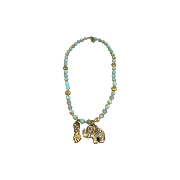 Colar Boho Turquesa com Pingente de Elefante e Mão